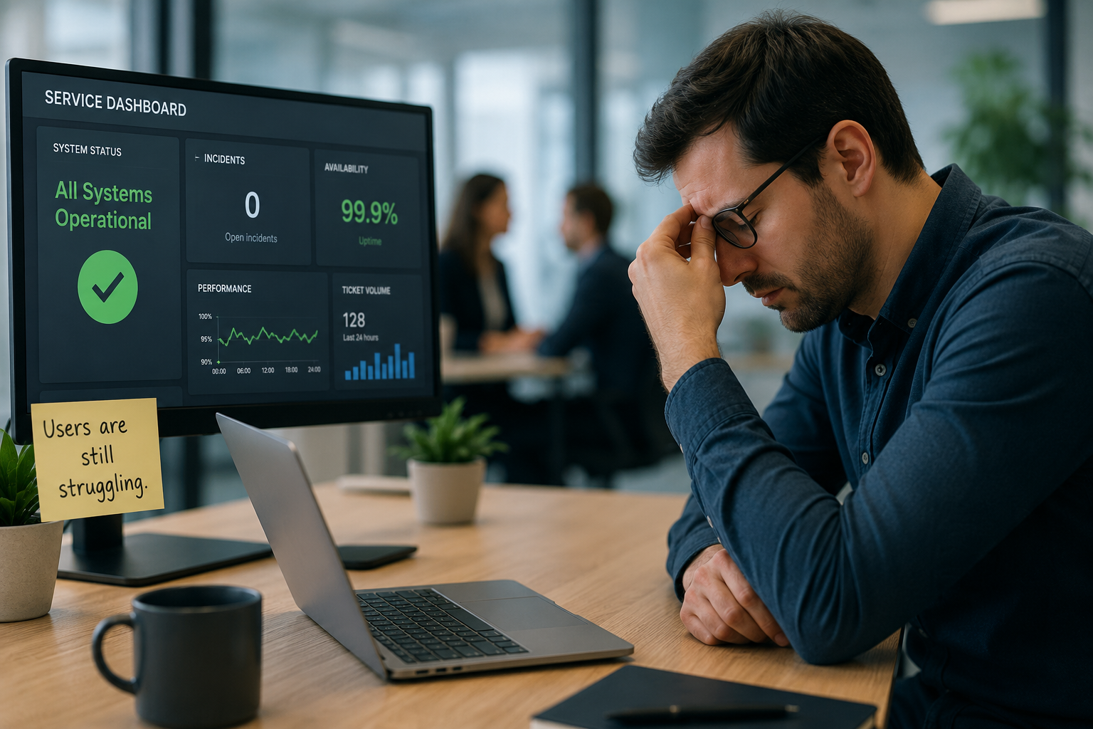 An IT dashboard shows healthy service metrics while a frustrated employee struggles at his laptop.