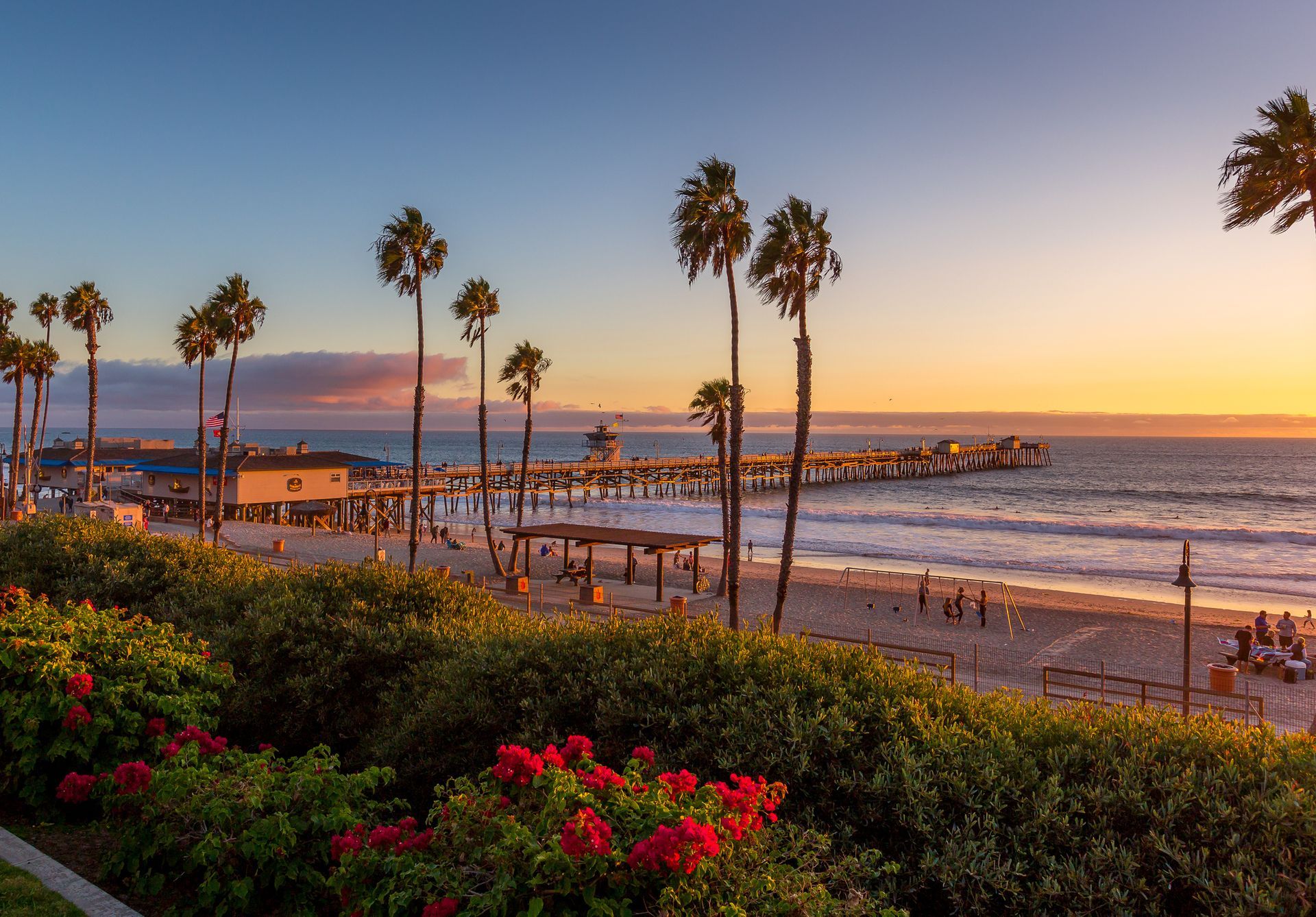 A sunset over a beach with palm trees and flowers in the foreground.