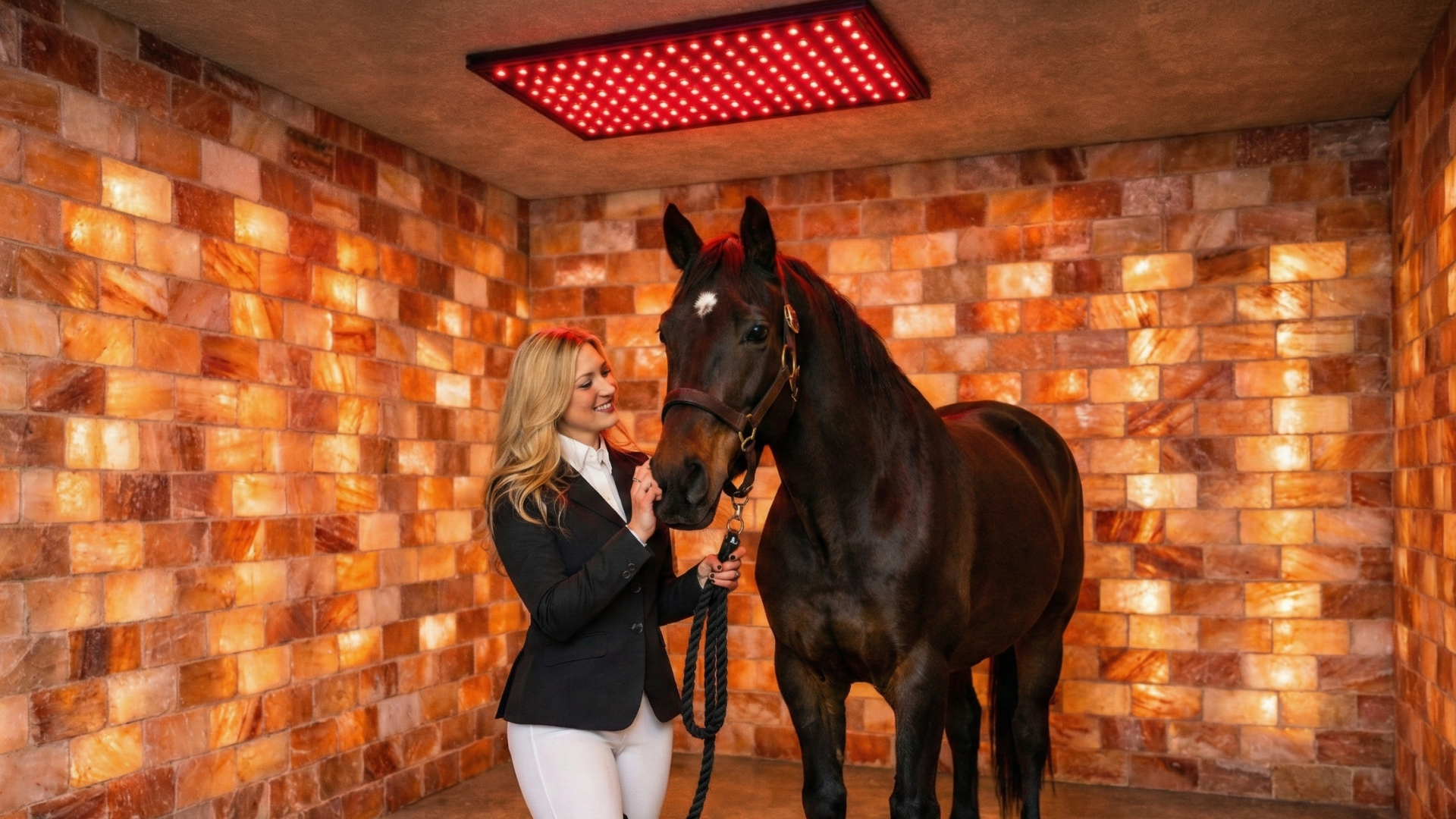 Woman with horse in a red-lit salt therapy room. Walls are salt bricks.