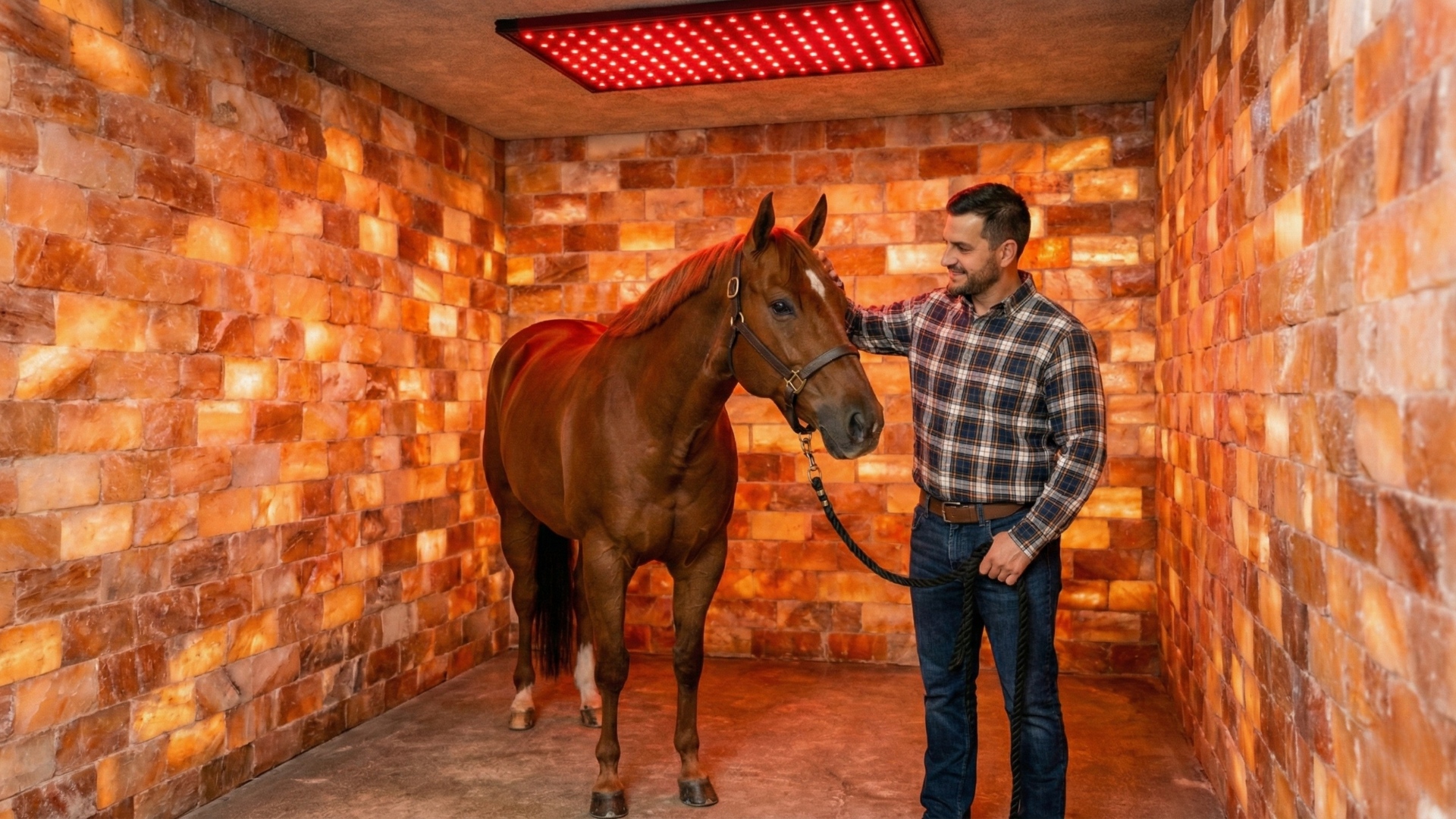 Man and brown horse in a red-lit salt therapy room. Man pets horse. Walls are made of salt bricks.
