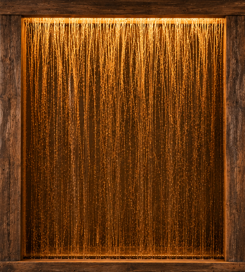 Abstract brown and gold waterfall-like texture framed by dark wood
