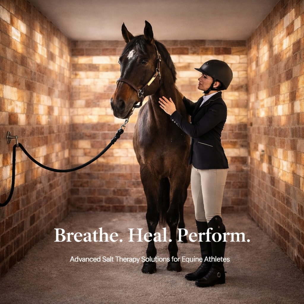 A woman in riding attire touches a horse in a salt therapy stall. The text reads: