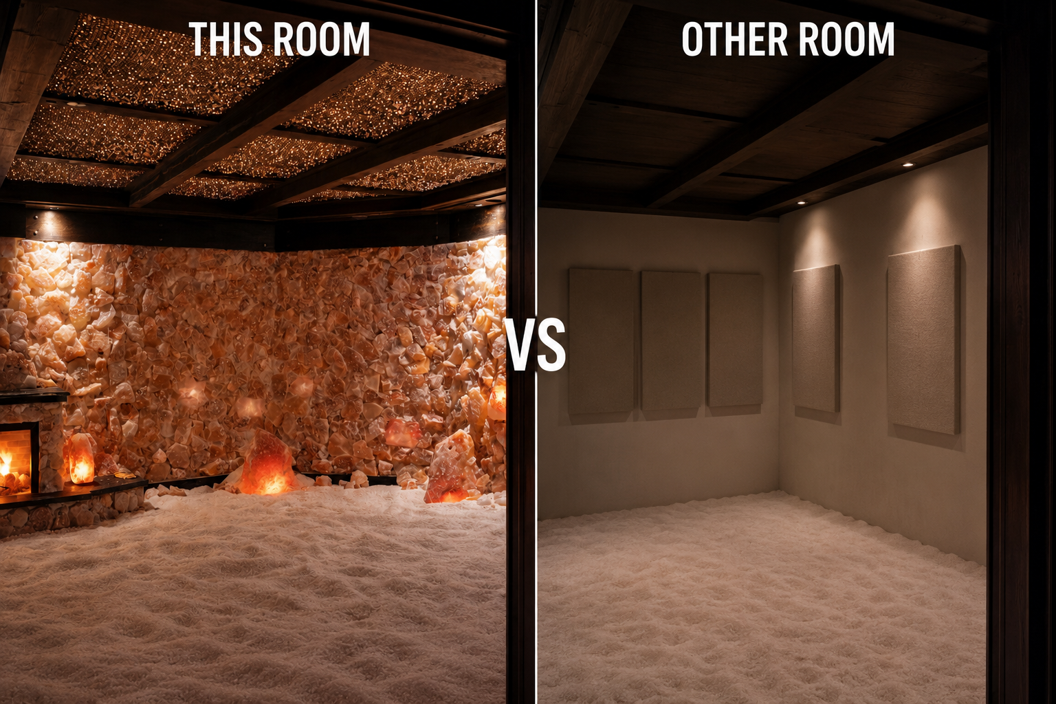 Split-screen of two rooms: warm, rocky lit room vs plain beige empty room with “THIS ROOM” and “OTHER ROOM” text