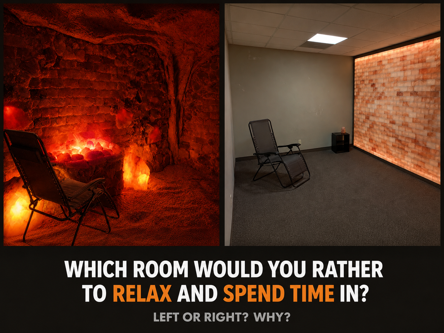 Side-by-side rooms: cozy red lit room with fireplace vs plain brick room with chairs and a wall light.