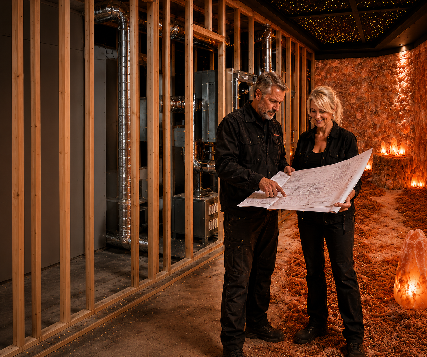 Two people examining blueprints in a dimly lit construction site with wooden framing and warm orange lighting