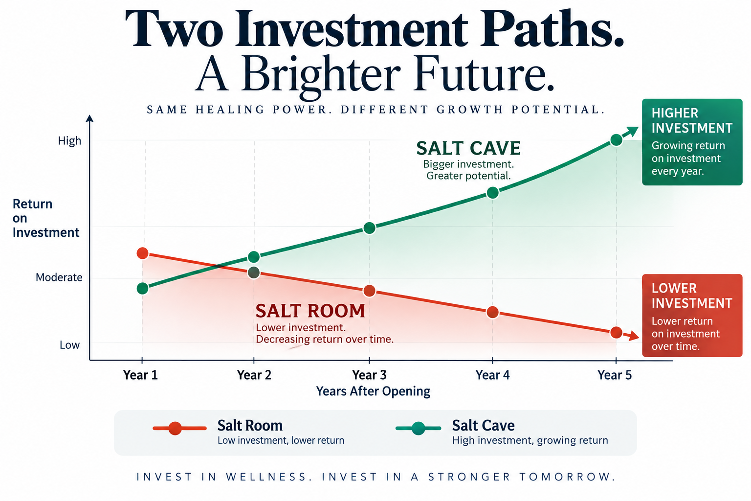 Investment chart showing green Salt Cave growth and red Salt Room decline over time.