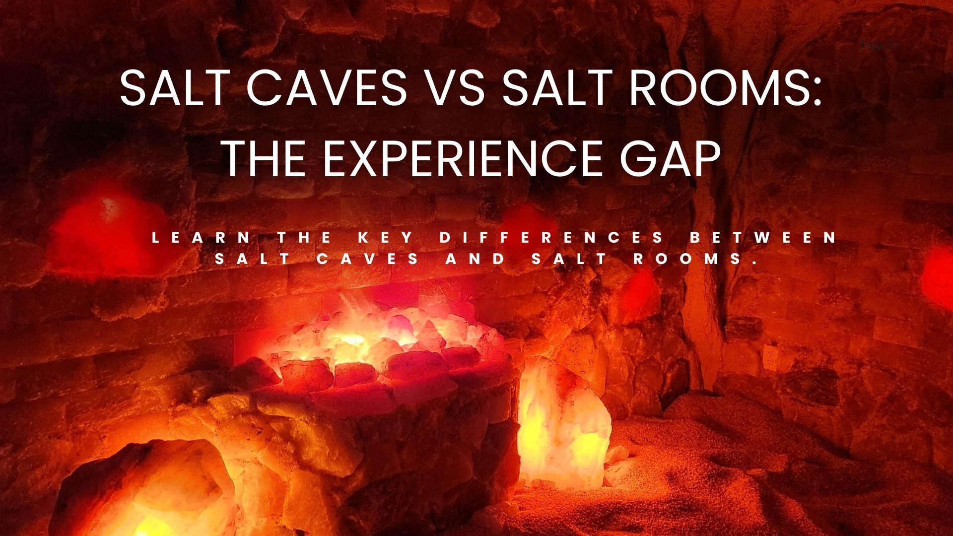 Title card: Salt Caves vs Salt Rooms, The Experience Gap. Interior view of a salt cave with glowing lights and text overlay.