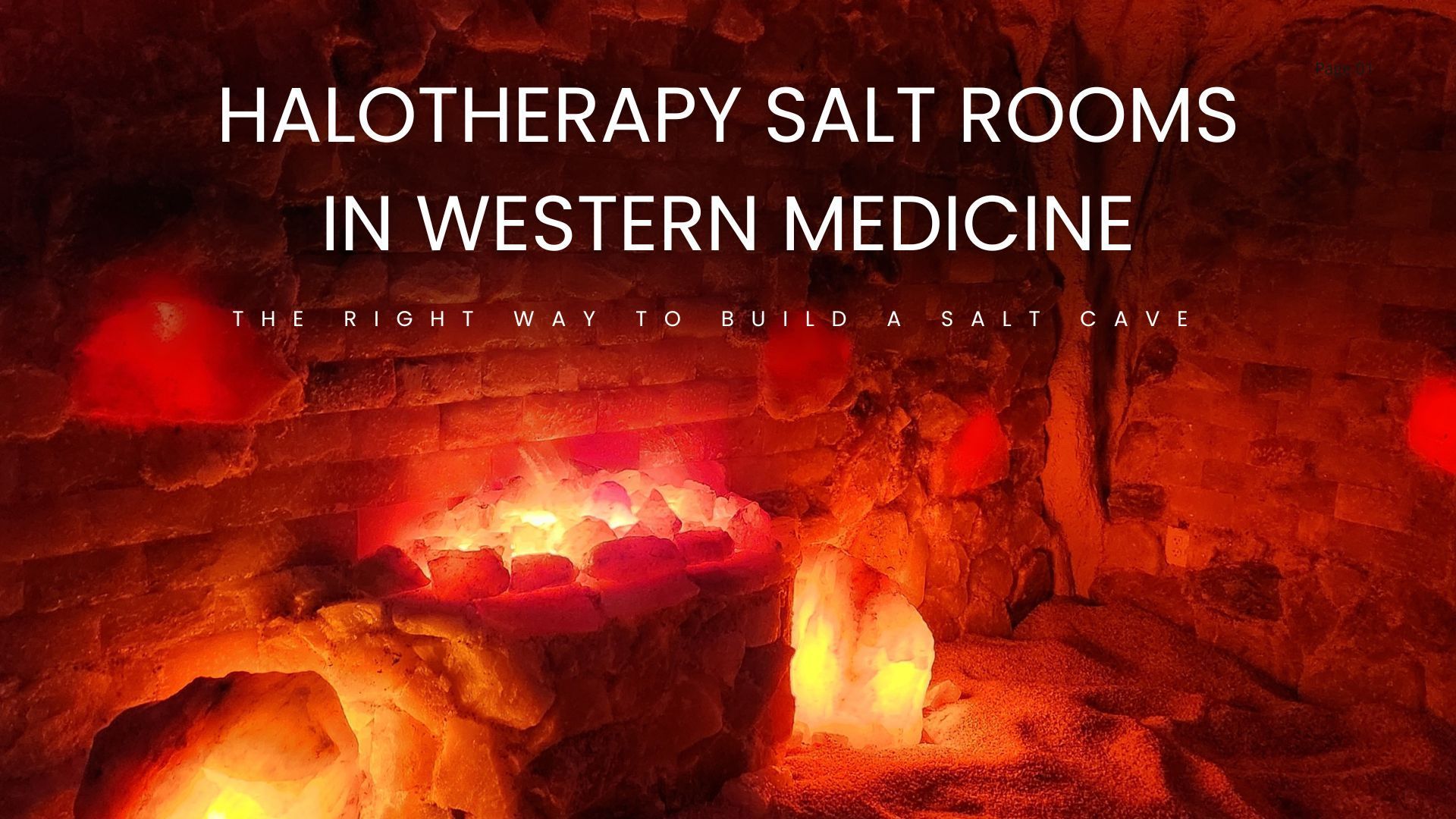 Halotherapy salt room lit with red and orange glow, text