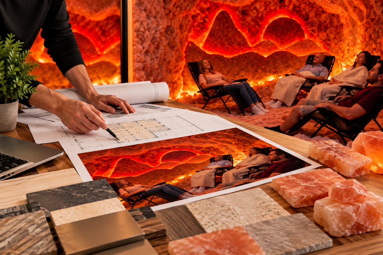 Hands marking a floor plan beside glowing red-orange landscape samples and rocky displays
