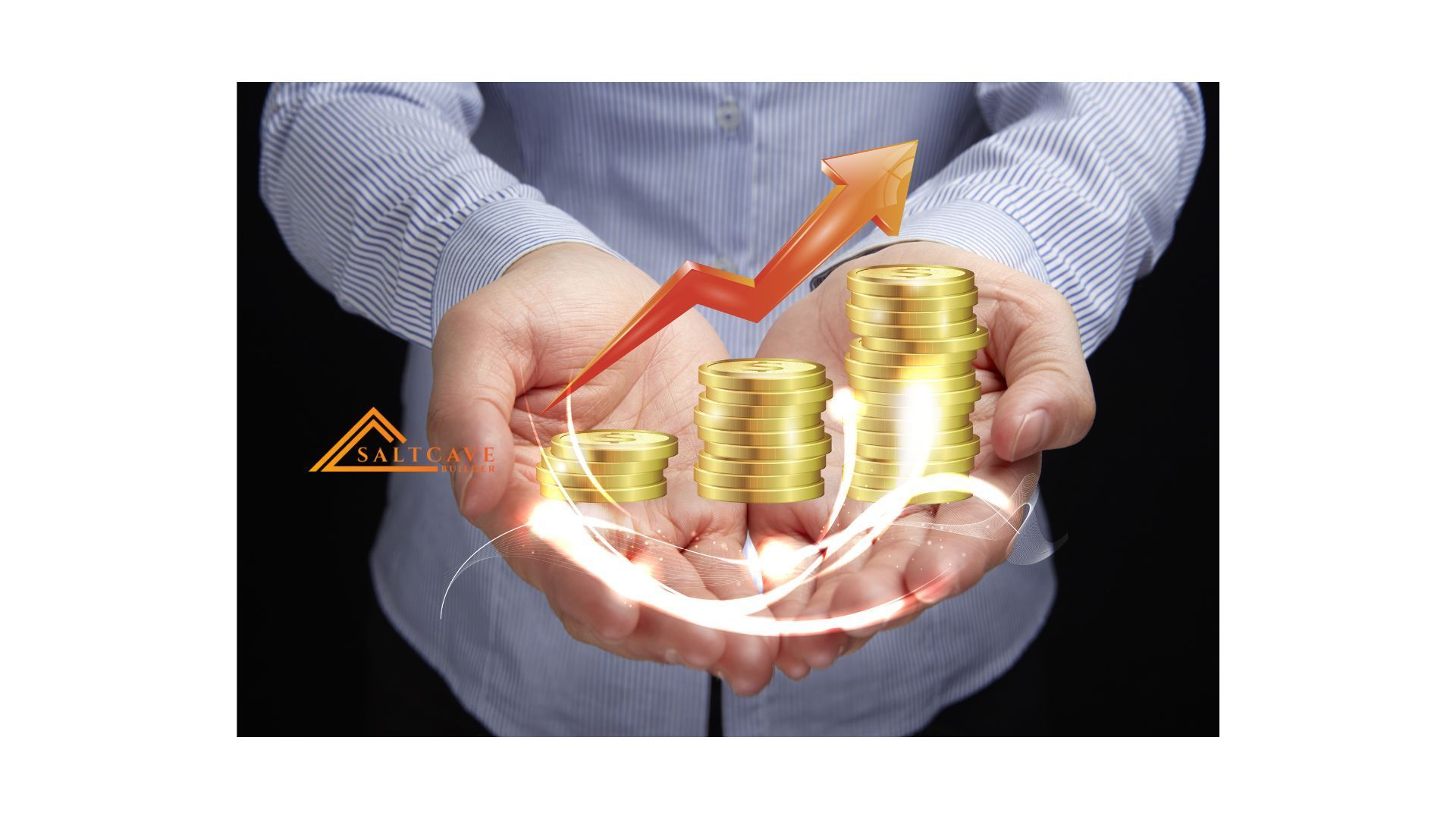 Hands holding stacked coins with an upward arrow, symbolizing financial growth.