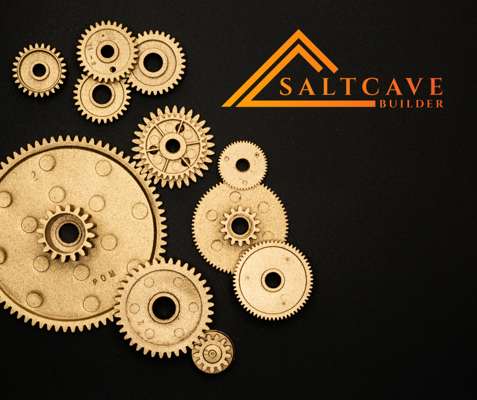 Gears on a black background next to the Saltcave Builder logo (gold and orange).