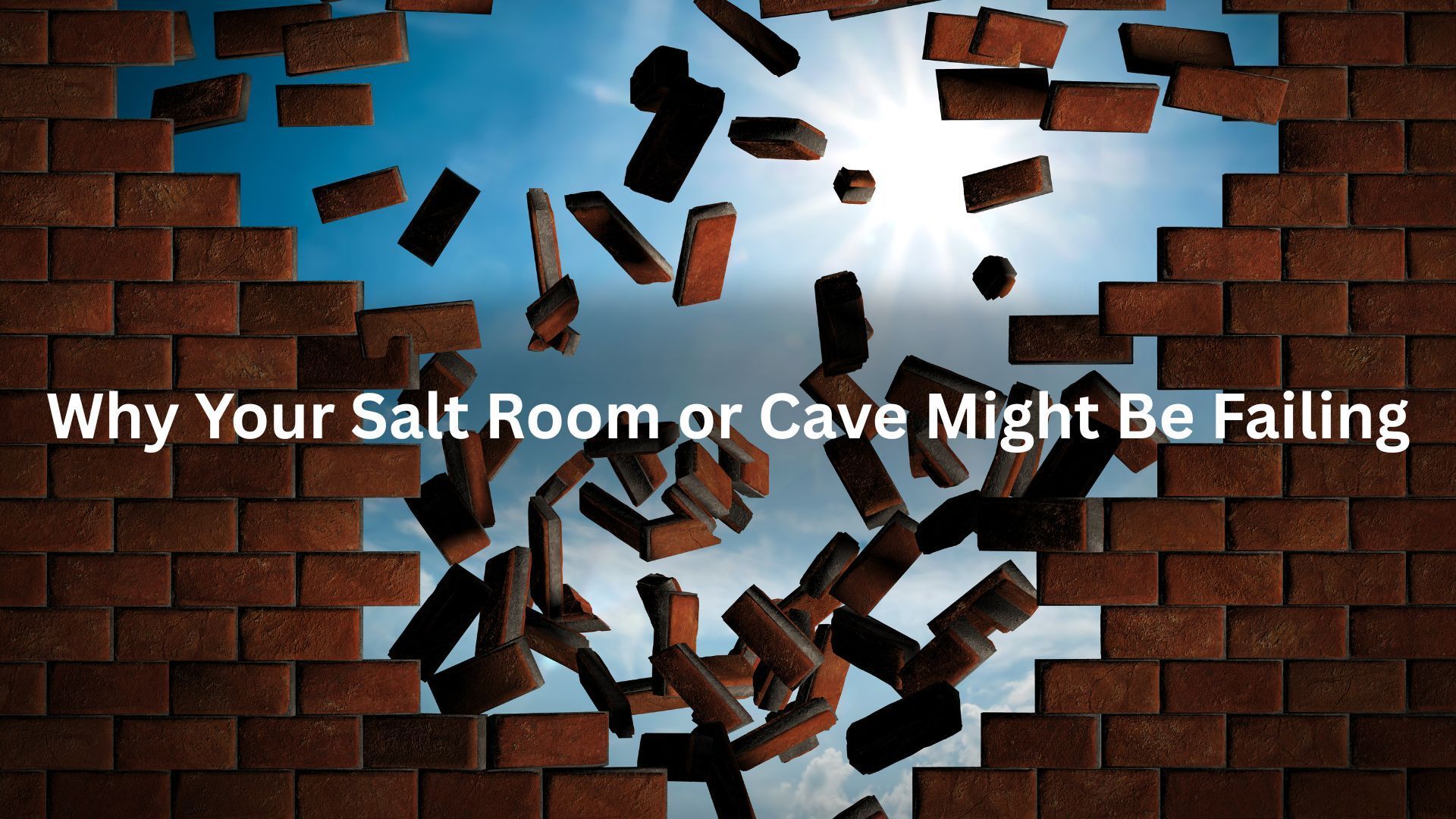 Brick wall breaking apart, revealing blue sky and text: