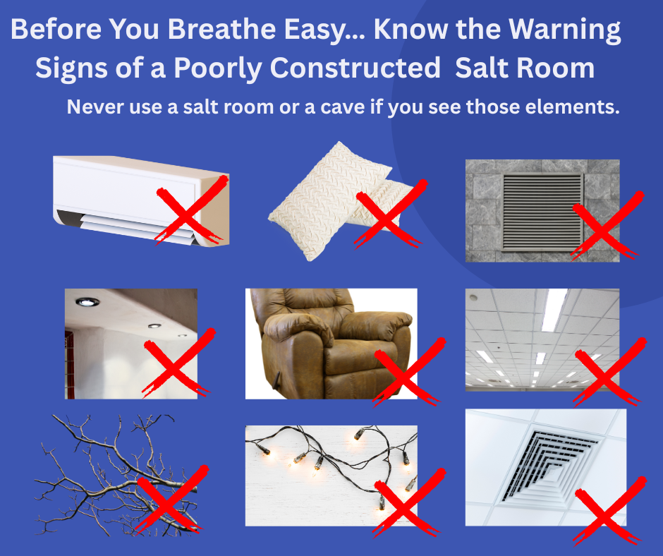 Infographic: Warning signs for poorly constructed salt rooms, marked with red