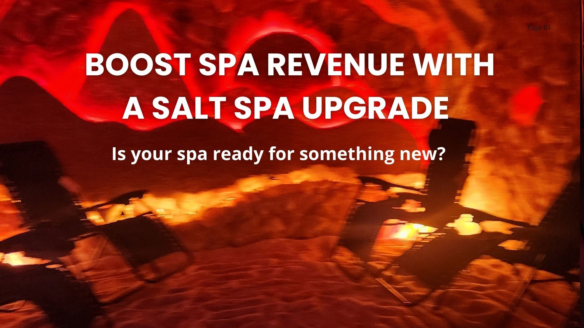 Text promoting salt spa upgrades, with a red-lit background and chairs.