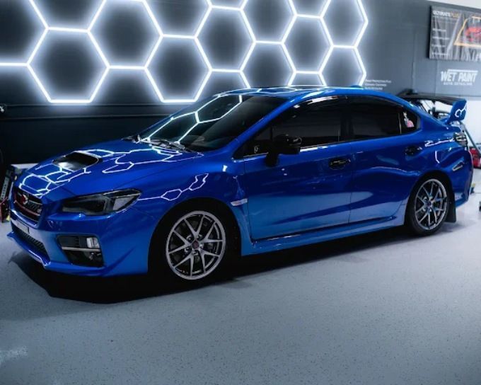 Blue Subaru WRX STI after paint protection film (PPF) install at Wet Paint Auto Detailing