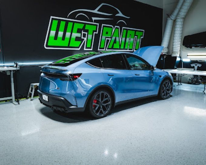 Blue Tesla Model Y after PPF installation at Wet Paint Auto Detailing in Roseville, CA