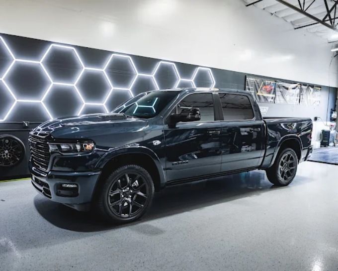 Dark gray Ram 1500 truck with paint protection film (PPF) at Wet Paint Auto Detailing
