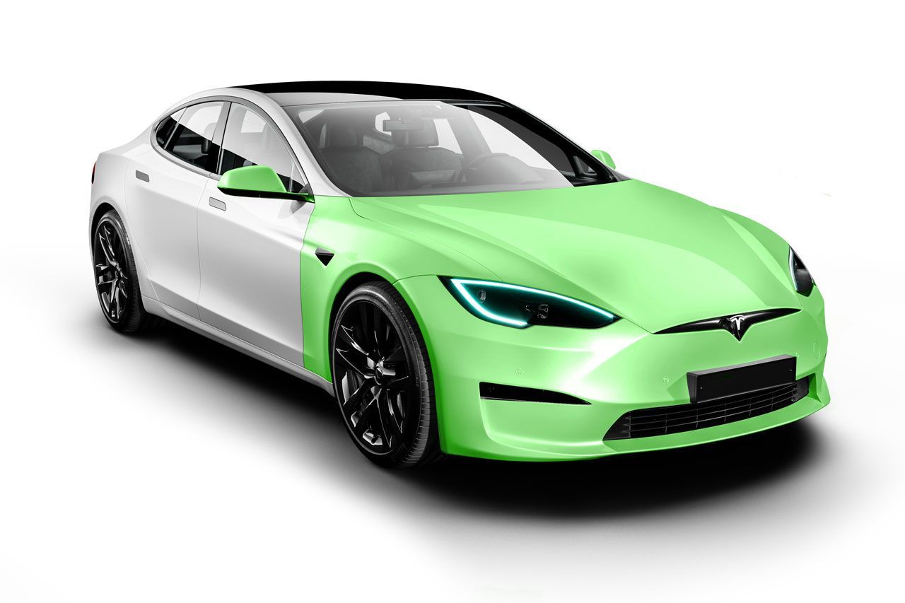 A tesla model s with a green paint job on a white background.