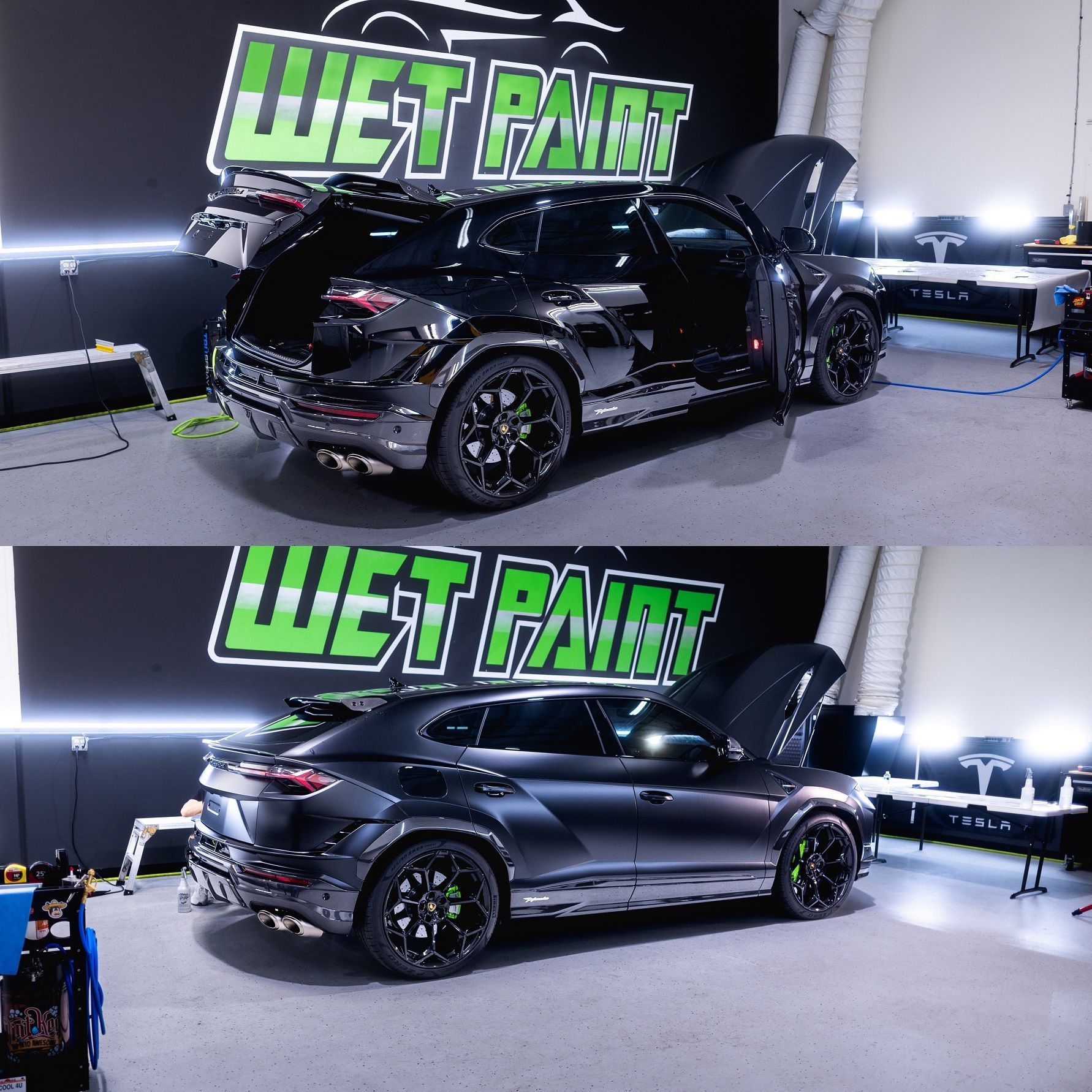 Before and after of Stealth Stealth Paint Protection Film also known as PPF on a Lamborghini