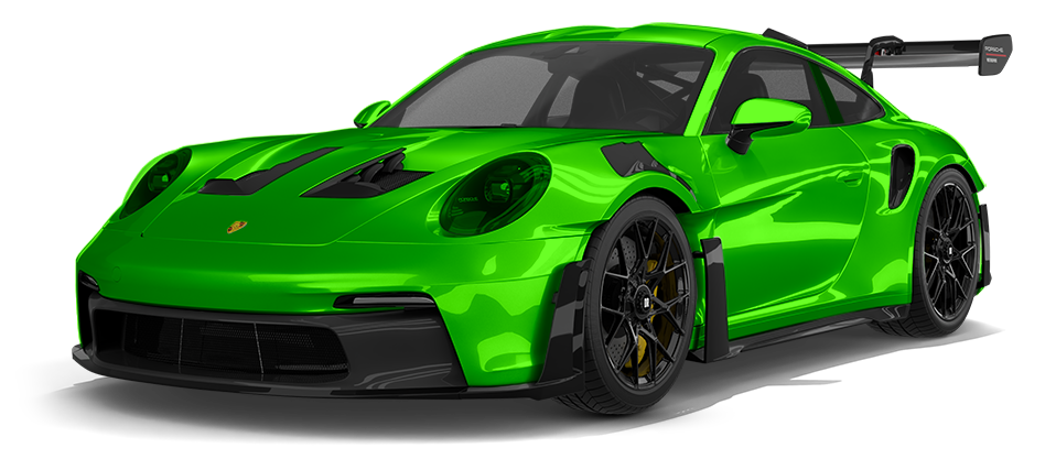 Bright green sports car with black rims and large rear spoiler on a white background