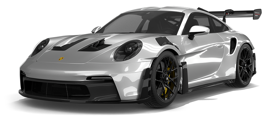 Silver Porsche 911 GT3 RS sports car with black accents on a white background
