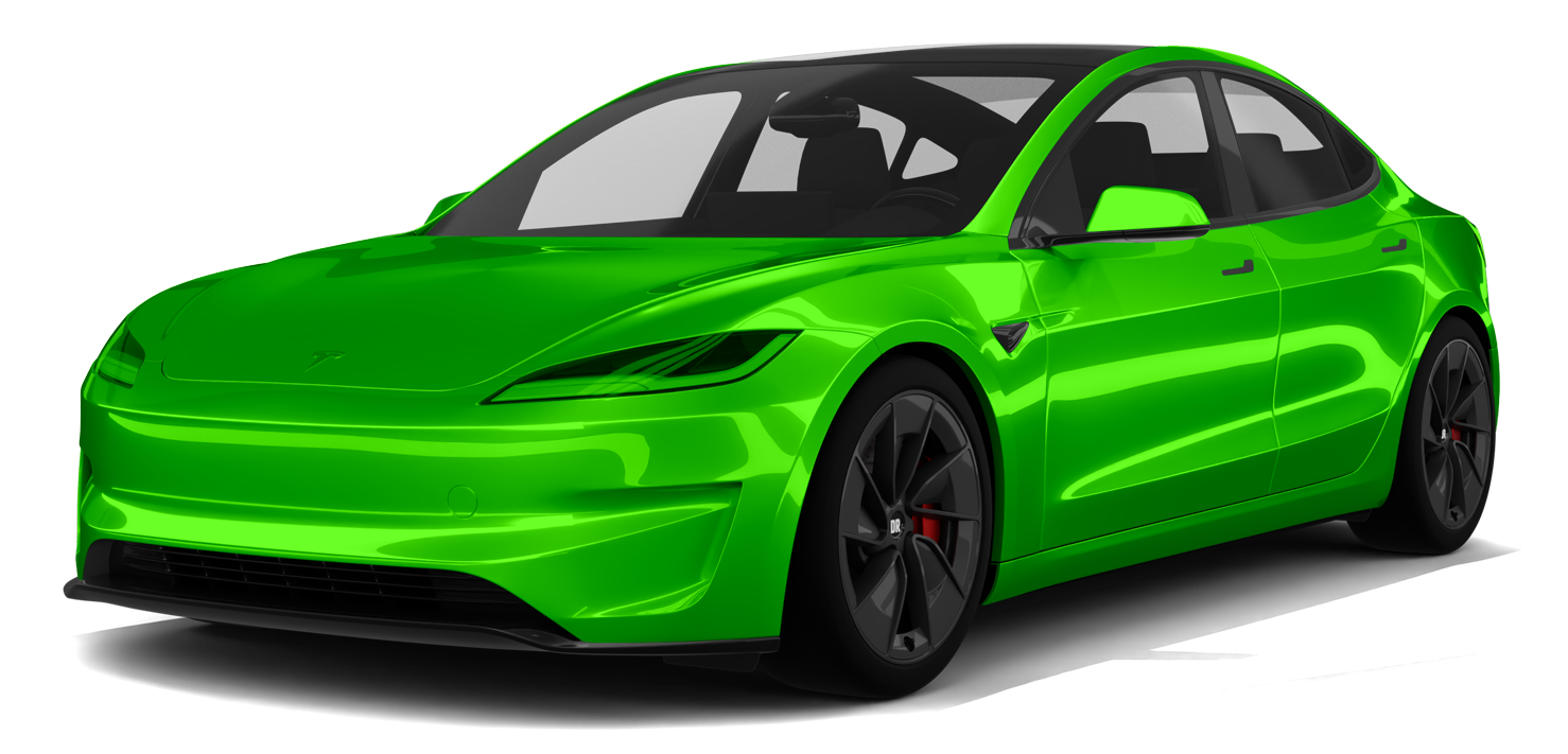 Green Tesla-style electric sedan in three-quarter front view on a white background