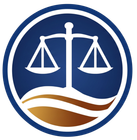 Blue circular law logo with white scales and gold waves
