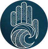 A circular icon with a white hand and wave graphic outlined against a dark blue background, filled with swirling patterns.