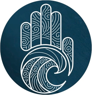 A circular icon with a white hand and wave graphic outlined against a dark blue background, filled with swirling patterns.