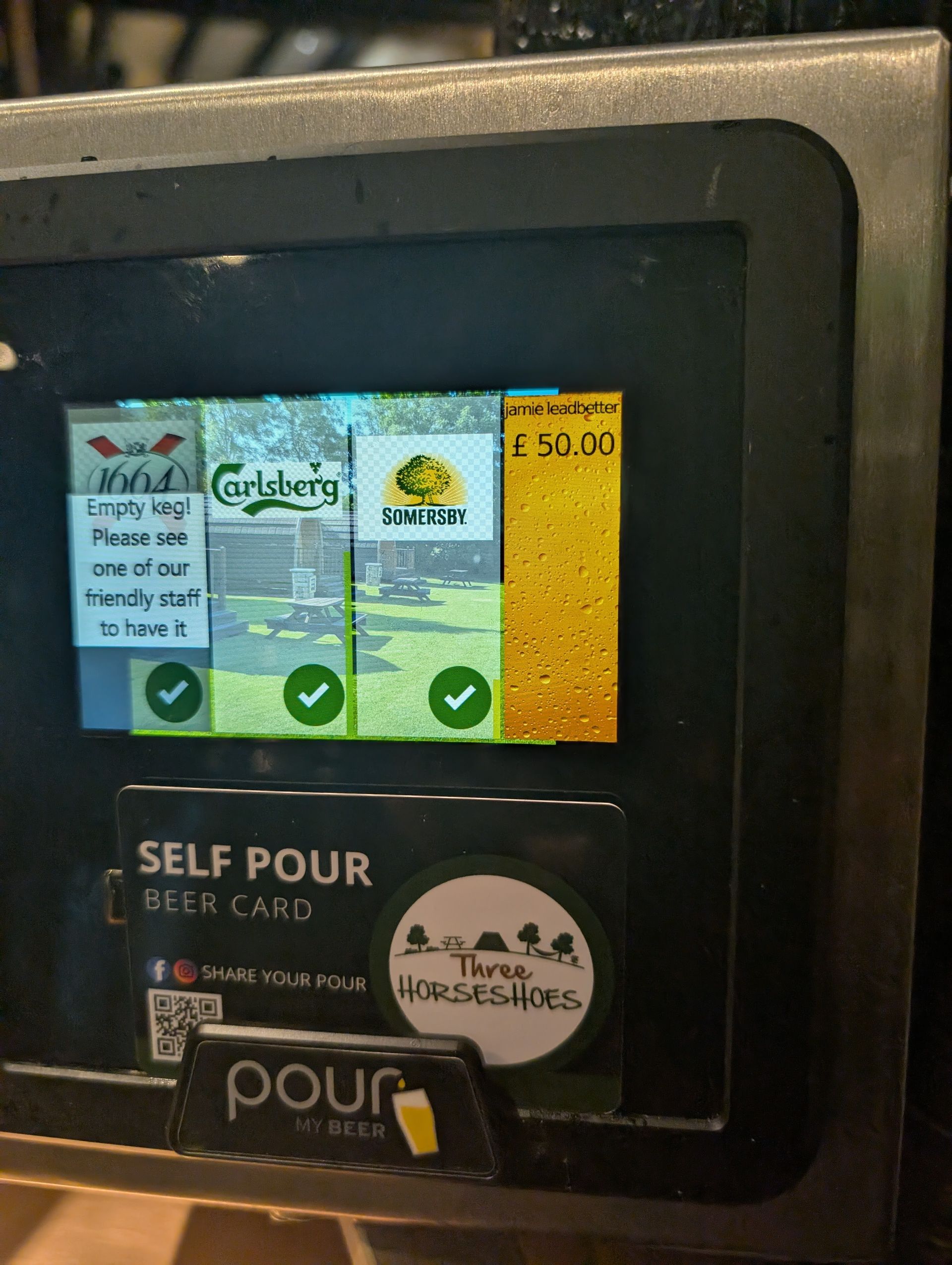 Self pour beer card machine at the Three Horseshoes