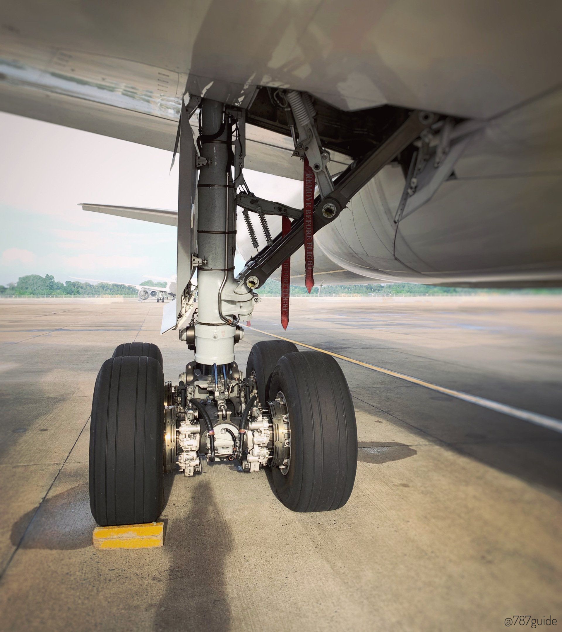 A Boeing 787 gear truck on the tarmac