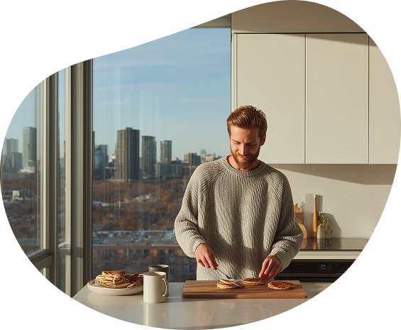 Man preparing food in a bright kitchen with city skyline in the background