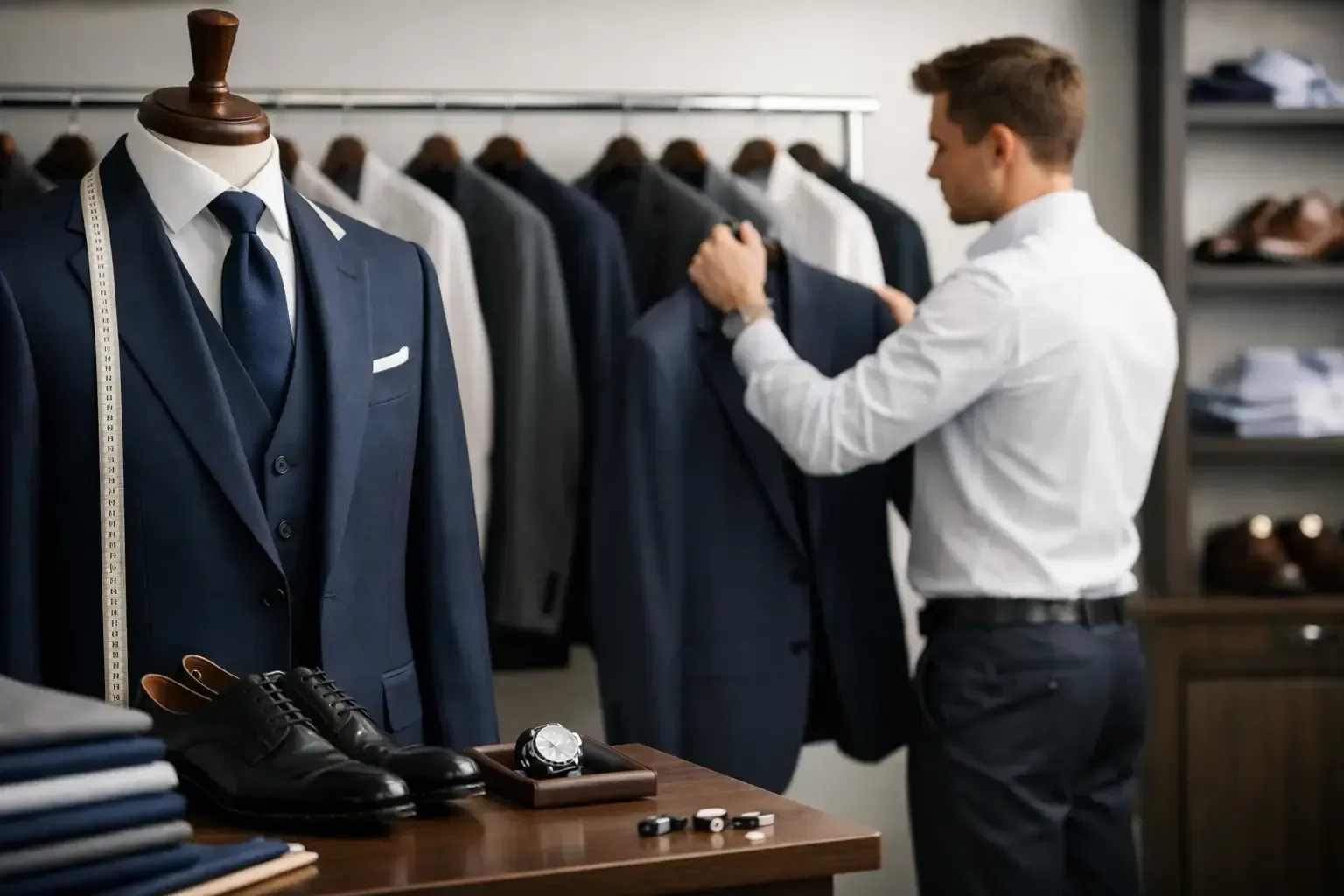 Tailor adjusting a dark suit on a mannequin in a menswear boutique, with dress shoes on display.