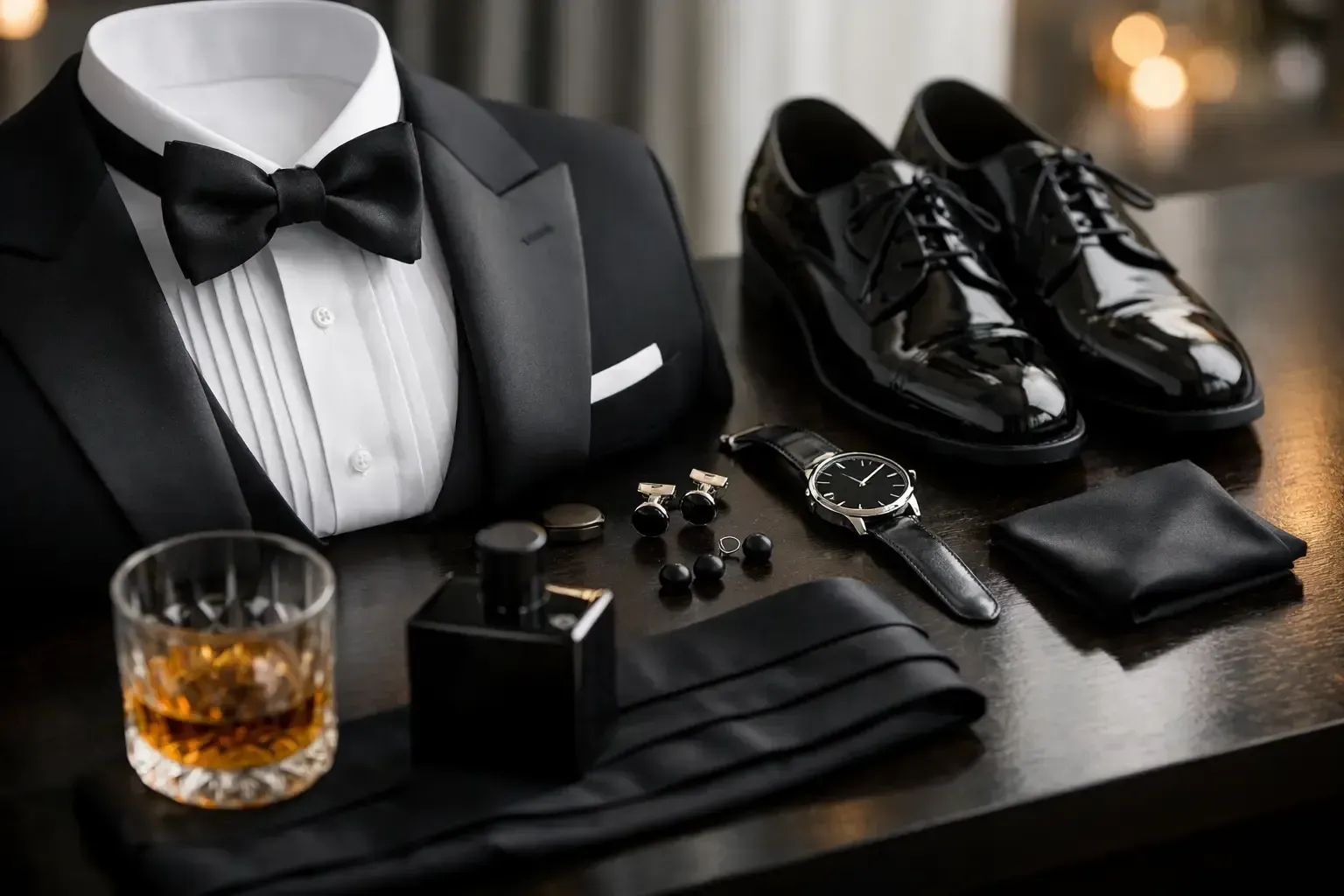 Black tuxedo accessories arranged on a table: bow tie, cufflinks, shoes, watch, belt, and whiskey glass