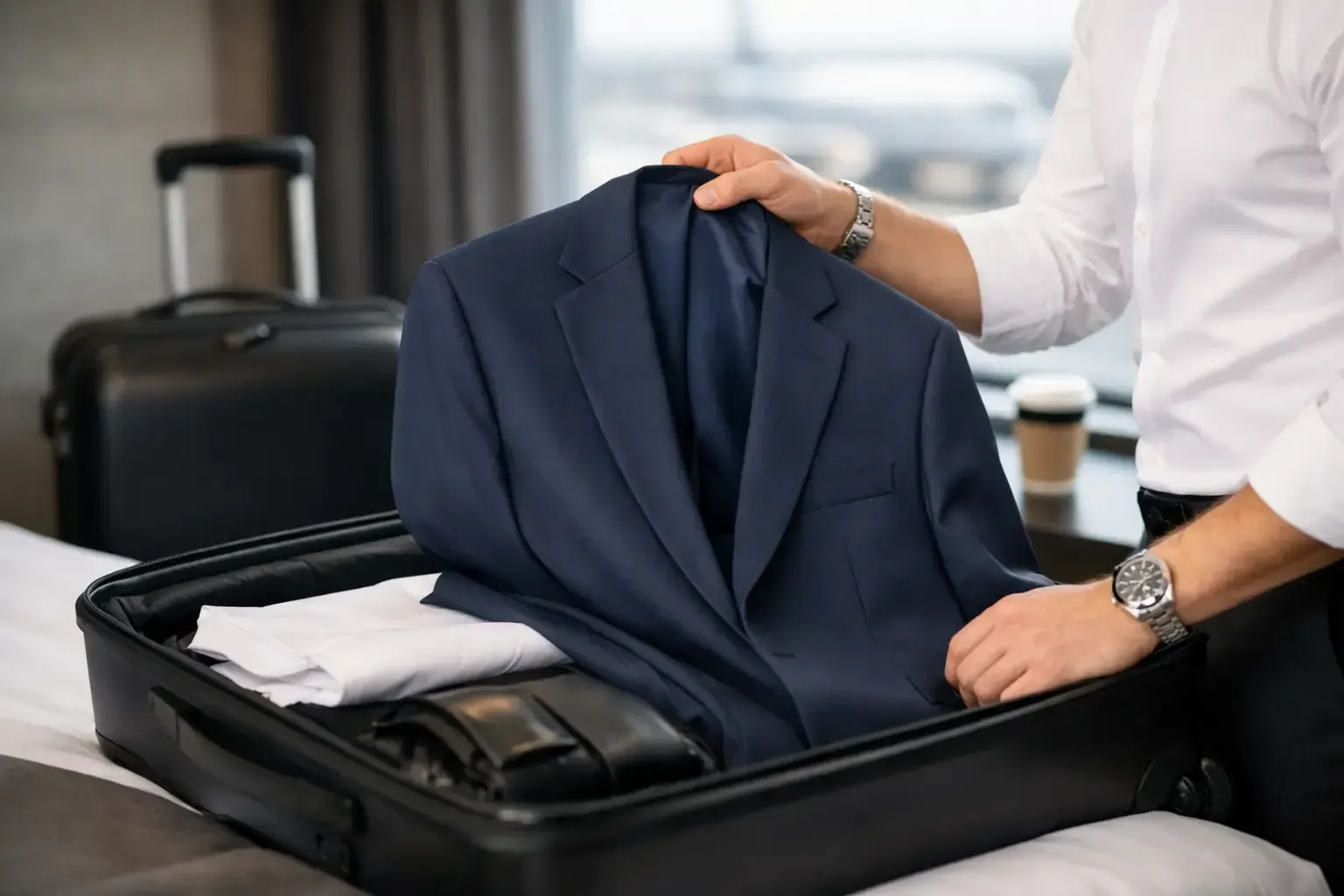 A navy suit jacket in an open suitcase, with a person’s hands arranging it beside a black bag.