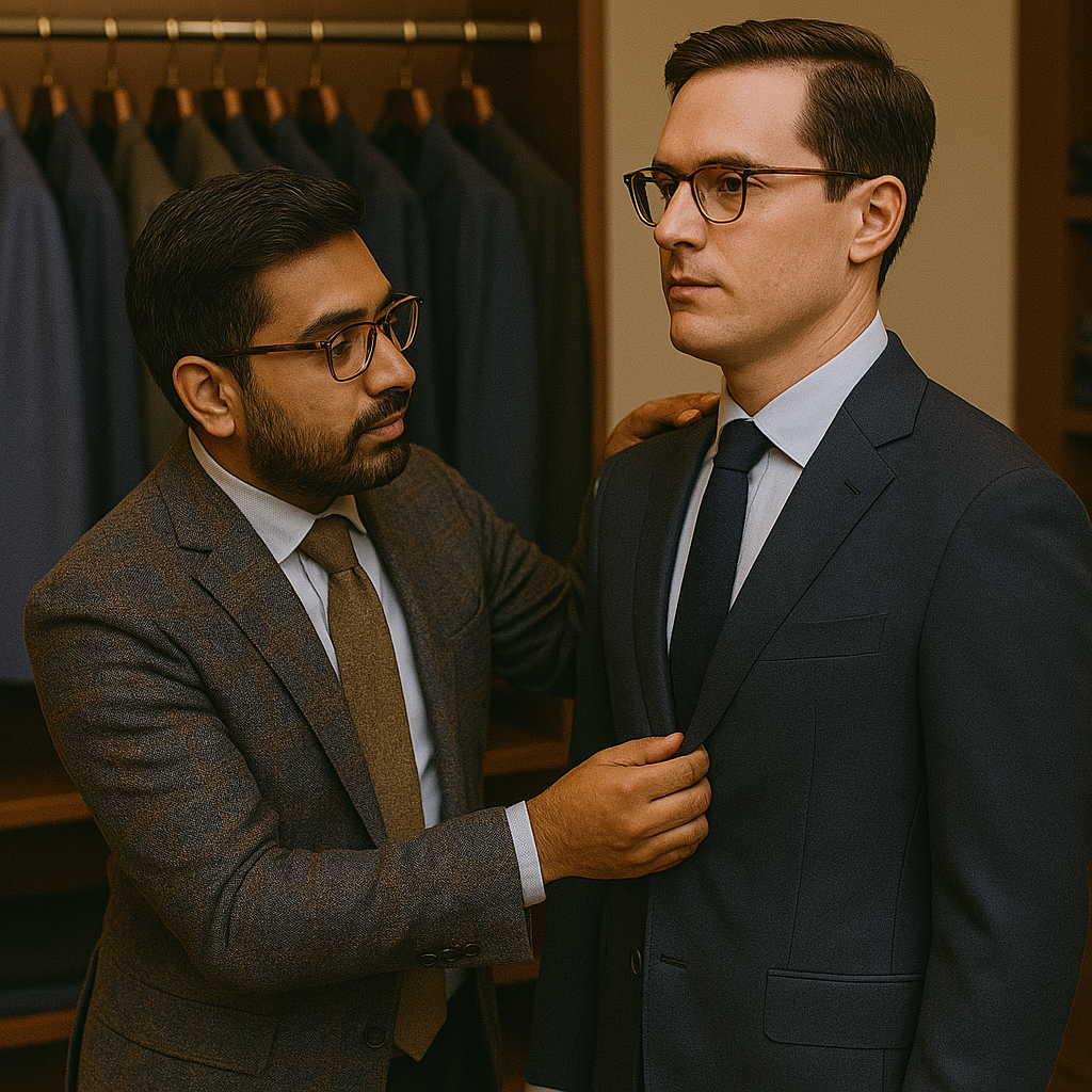 Two men in suits adjusting a tie in a clothing store with suits hanging behind them.