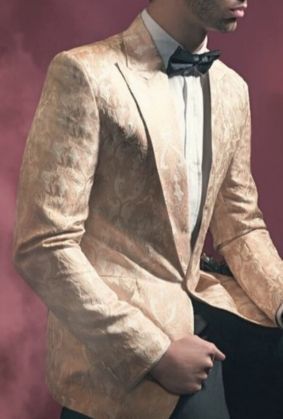 Man in a gold tuxedo jacket and black bow tie seated against a burgundy background