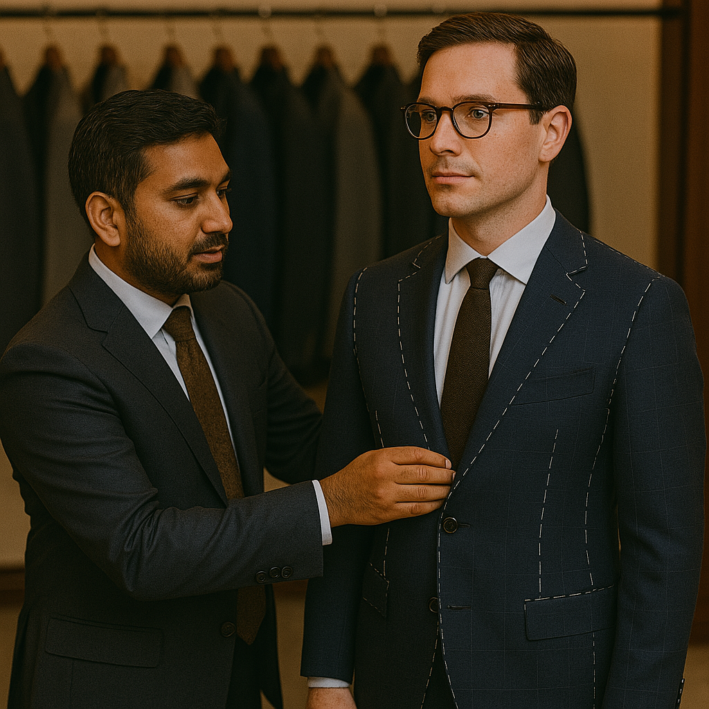 Two men in dark suits adjusting a jacket in a clothing store, with hanging garments in the background