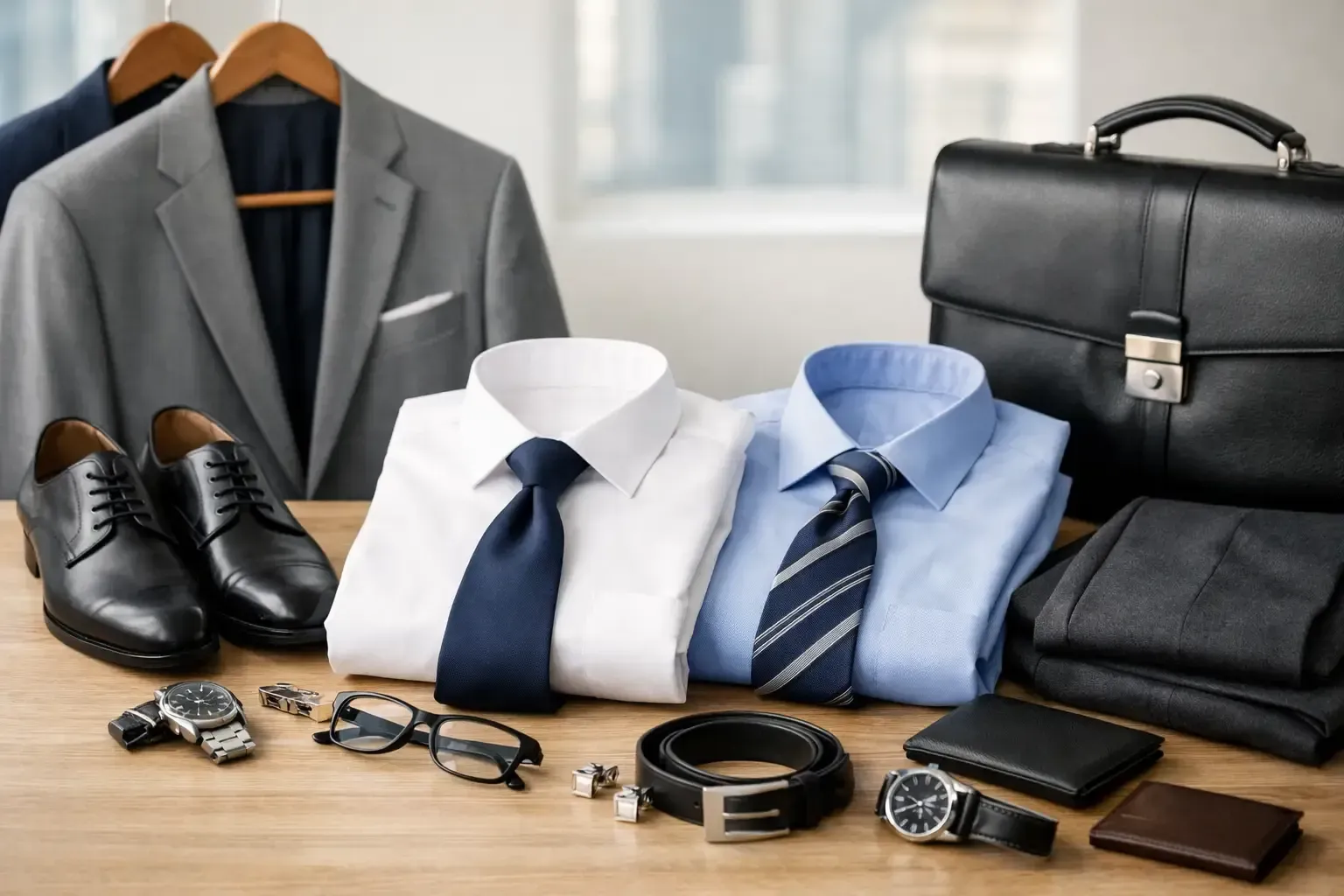 Men’s business attire and accessories laid out on a table: suits, shirts, ties, shoes, watch, wallet, and briefcase.