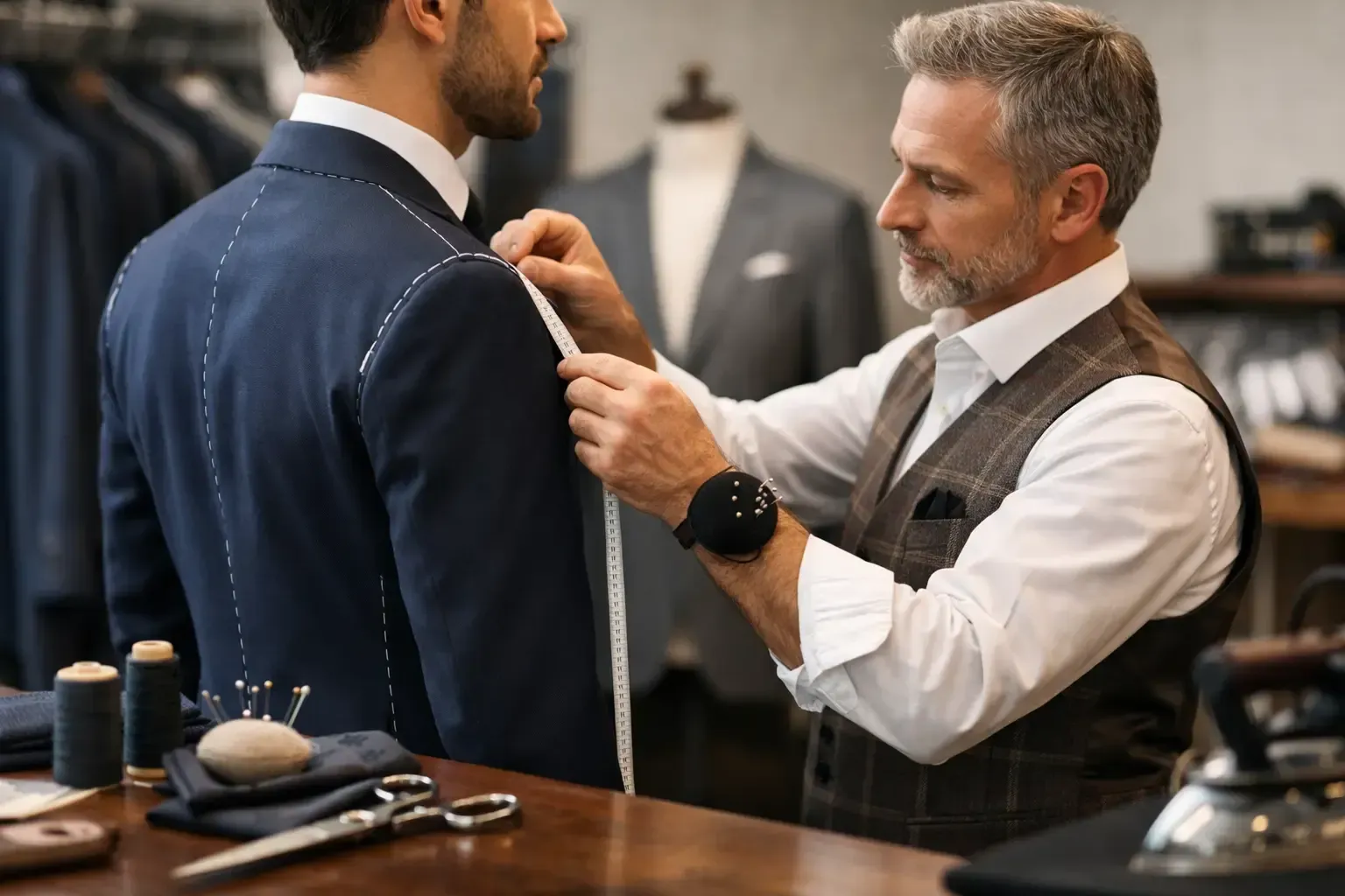 Tailor adjusting a navy suit jacket on a client in a fitting room