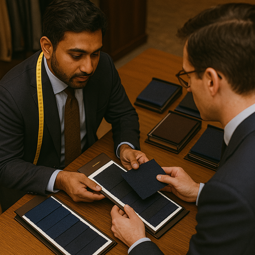 Two men in suits comparing solar panel samples at a table