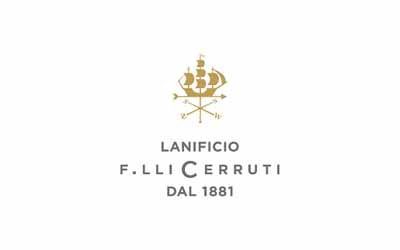 Gold Lanificio F.lli Cerruti logo with crown and crossed tools on a white background