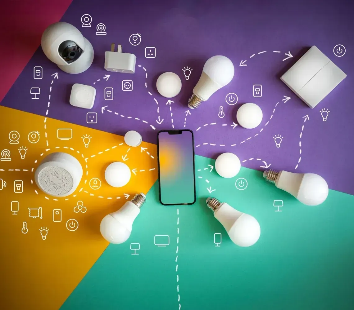 Top-down view of a smartphone surrounded by white earbuds and gadgets on colorful geometric background