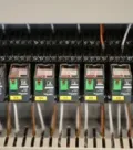 Electrical control panel with rows of black circuit breakers and orange wiring, some labeled green switches.