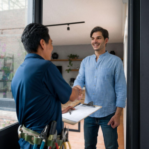 Two people shaking hands in a bright office, one holding a clipboard.
