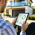 Person using a tablet with home energy charts in front of a modern house