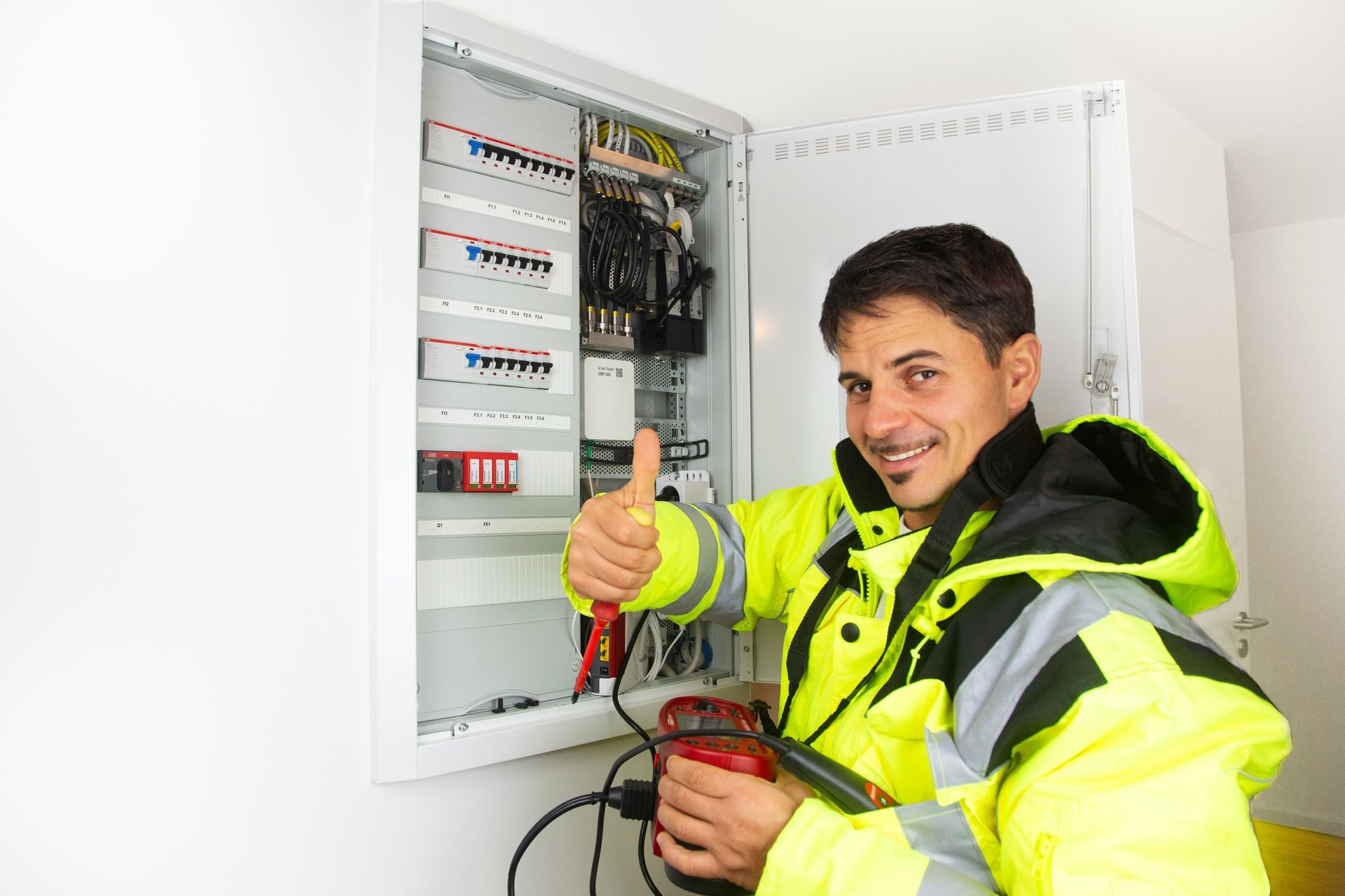 Electrician smiling and giving thumbs up beside an open electrical panel, wearing a bright safety jacket.