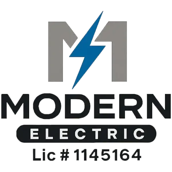 Modern Electric logo with gray M and lightning bolt, black text, and license number 1145164