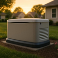 Beige home generator on a concrete pad in a suburban yard at sunset.