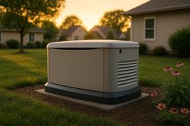 Outdoor home generator beside a house at sunset, with a tan body and dark base on a lawn